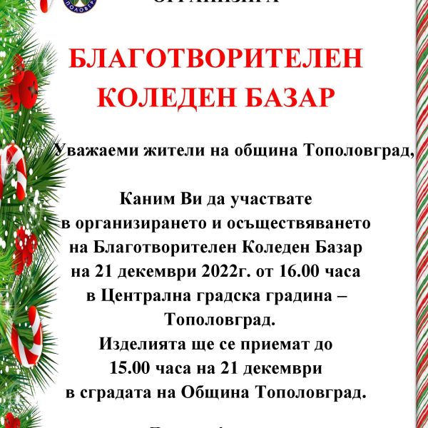Благотворителен Коледен базар за подпомагане на нуждаещи се деца и младежи в община Тополовград