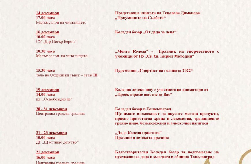 Програма на коледните и новогодишните празници 6-31 декември 2022г.